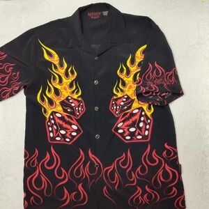 NSIXX By Dragonfly Shirt Men L Black Flame Dice Graphic Button Up Vegas Gambling